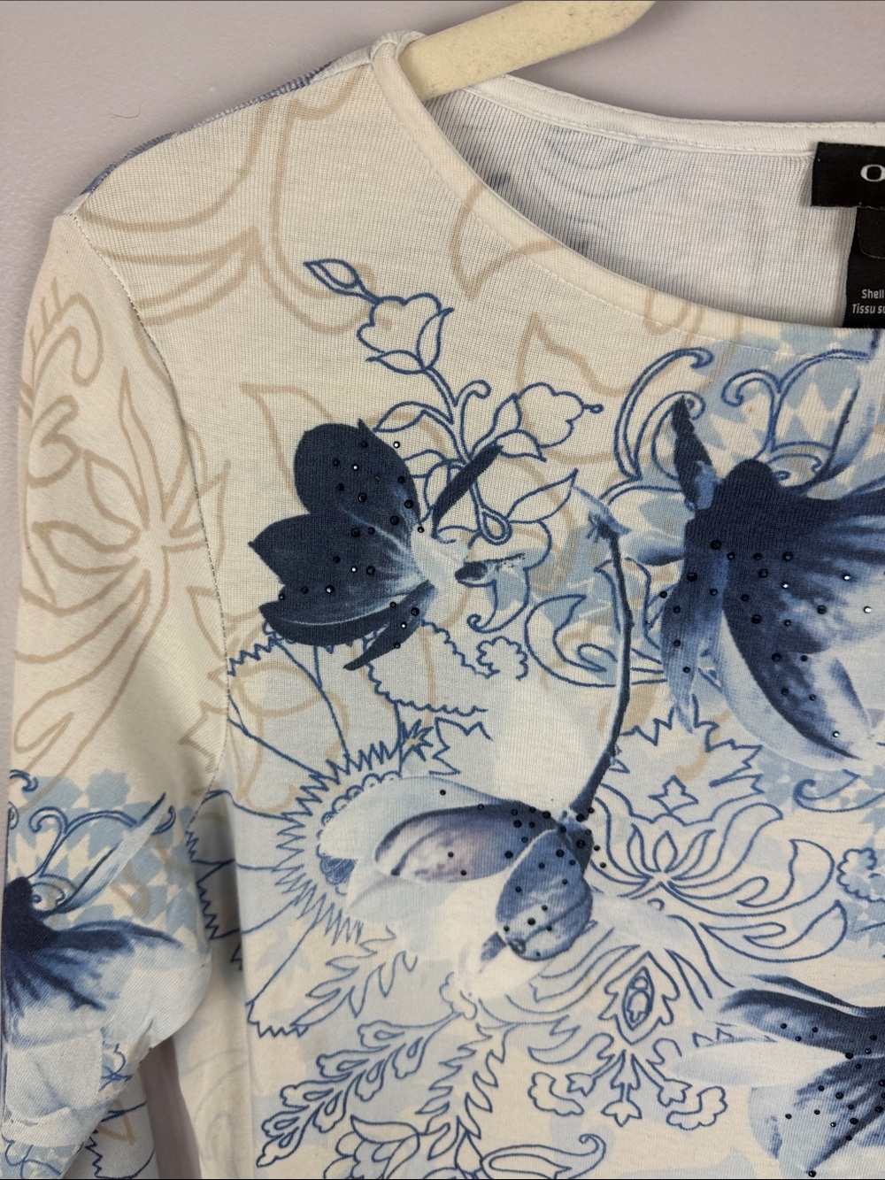 Olsen Europe Cotton Blue Floral Watercolor Embellished 3/4 Sleeve Top Size M 10 - Picture 6 of 13
